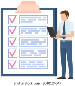 Month scheduling, to do list, time management. Businessman stands near checklist and planning. Plan fulfilled, task completed, timetable on paper sheet. Check list plan, schedule creation concept
