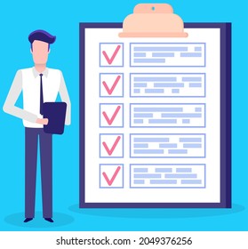 Month scheduling, to do list, time management. Businessman stands near checklist and planning. Plan fulfilled, task completed, timetable on paper sheet. Check list plan, schedule creation concept