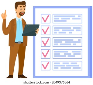 Month scheduling, to do list, time management. Businessman stands near checklist and planning. Plan fulfilled, task completed, timetable on paper sheet. Check list plan, schedule creation concept