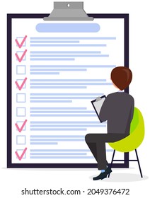 Programación mensual, lista de tareas, administración de horas. Empresario cerca de la lista de verificación y la planificación. Plan cumplido, tarea completada, calendario en hoja de papel. Comprobar plan de lista, concepto de creación de planificación