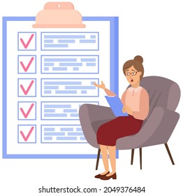 Month scheduling, to do list, time management, checklist. Terrified woman sitting near to do plan and planning. Plan fulfilled, task completed, timetable sheet. Check list planning, schedule concept