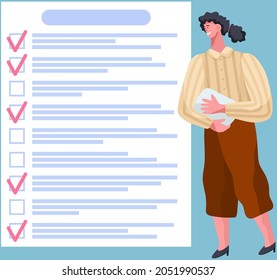 Month scheduling, to do list, time management concept. Woman stands near to do plan and planning schedule. Plan fulfilled, task completed, timetable sheet. Lady works with check list planning