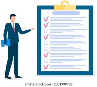 Month scheduling, to do list, time management. Businessman stands near checklist and planning. Plan fulfilled, task completed, timetable on paper sheet. Check list plan, schedule creation concept