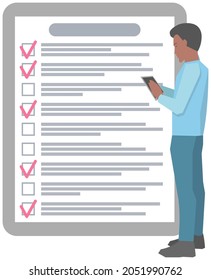 Month scheduling, to do list, time management. Businessman stands near checklist and planning. Plan fulfilled, task completed, timetable on paper sheet. Check list plan, schedule creation concept