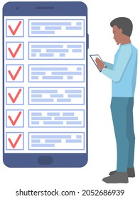 Month scheduling, to do list, time management app. Businessman stands near to do plan on smartphone. Plan fulfilled, task completed, timetable on phone screen. Check list planning, schedule concept