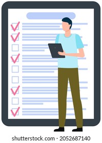 Month scheduling, to do list, time management. Businessman stands near checklist and planning. Plan fulfilled, task completed, timetable on paper sheet. Check list plan, schedule creation concept