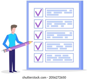Monatsplanung, Liste zu machen, Zeitmanagement. Geschäftsmann steht in der Nähe von Checkliste und Planung. Plan erfüllt, Aufgabe abgeschlossen, Zeitplan auf Papier. Listenplan prüfen, Planerstellungskonzept