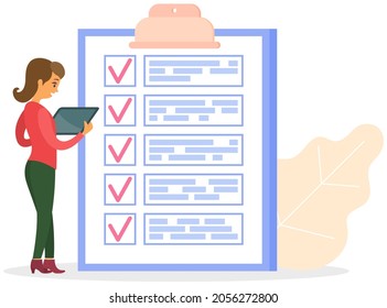 Month scheduling, to do list, time management concept. Woman stands near to do plan and planning schedule. Plan fulfilled, task completed, timetable sheet. Lady works with check list planning
