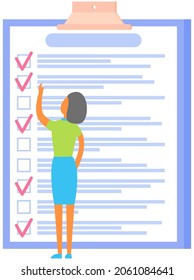 Month scheduling, to do list, time management concept. Woman stands near to do plan and planning schedule. Plan fulfilled, task completed, timetable sheet. Lady works with check list planning