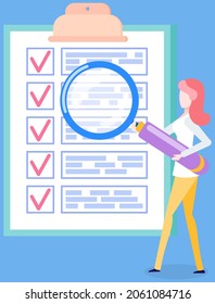 Month scheduling, to do list, time management concept. Woman stands near to do plan and planning schedule. Plan fulfilled, task completed, timetable sheet. Lady works with check list planning