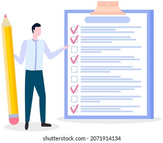 Month scheduling, to do list, time management. Businessman stands near checklist and planning. Plan fulfilled, task completed, timetable on paper sheet. Check list plan, schedule creation concept