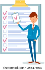 Month scheduling, to do list, time management. Businessman stands near checklist and planning. Plan fulfilled, task completed, timetable on paper sheet. Check list plan, schedule creation concept