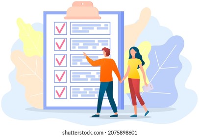 Month scheduling, to do list, time management concept. Man and woman stand near to do list and discuss schedule. Plan fulfilled, task completed, timetable sheet. People work with check list planning