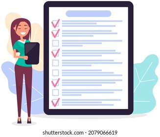 Month scheduling, to do list, time management concept. Woman stands near to do plan and planning schedule. Plan fulfilled, task completed, timetable sheet. Lady works with check list planning