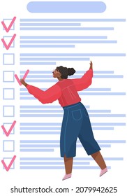 Month scheduling, to do list, time management concept. Woman stands near to do plan and planning schedule. Plan fulfilled, task completed, timetable sheet. Lady works with check list planning