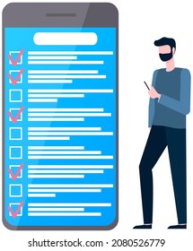 Month scheduling, to do list, time management app. Man stands near to do plan on smartphone. Plan fulfilled, task completed, timetable on phone screen. Check list planning, schedule concept
