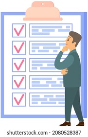 Month scheduling, to do list, time management. Businessman stands near checklist and planning. Plan fulfilled, task completed, timetable on paper sheet. Check list plan, schedule creation concept