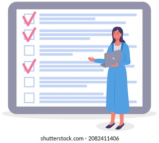 Month scheduling, to do list, time management concept. Woman stands near to do plan and planning schedule. Plan fulfilled, task completed, timetable sheet. Lady works with check list planning