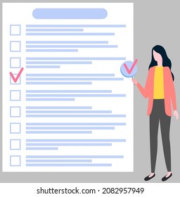 Month scheduling, to do list, time management concept. Woman stands near to do plan and planning schedule. Plan fulfilled, task completed, timetable sheet. Lady works with check list planning