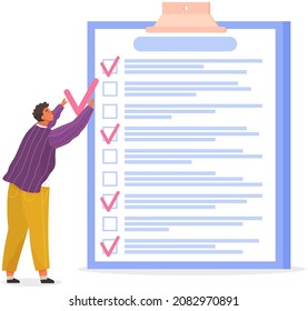 Month scheduling, to do list, time management. Businessman stands near checklist and planning. Plan fulfilled, task completed, timetable on paper sheet. Check list plan, schedule creation concept
