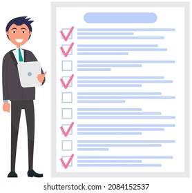 Month scheduling, to do list, time management. Businessman stands near checklist and planning. Plan fulfilled, task completed, timetable on paper sheet. Check list plan, schedule creation concept