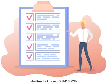 Month scheduling, to do list, time management. Businessman stands near checklist and planning. Plan fulfilled, task completed, timetable on paper sheet. Check list plan, schedule creation concept