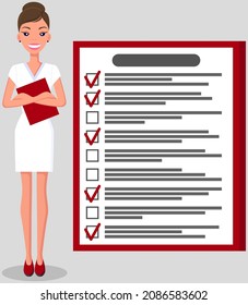 Month scheduling, to do list, time management concept. Woman stands near to do plan and planning schedule. Plan fulfilled, task completed, timetable sheet. Lady works with check list planning