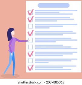 Month scheduling, to do list, time management concept. Woman stands near to do plan and planning schedule. Plan fulfilled, task completed, timetable sheet. Lady works with check list planning