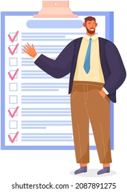 Month scheduling, to do list, time management. Businessman stands near checklist and planning. Plan fulfilled, task completed, timetable on paper sheet. Check list plan, schedule creation concept