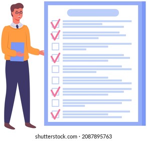 Month scheduling, to do list, time management. Businessman stands near checklist and planning. Plan fulfilled, task completed, timetable on paper sheet. Check list plan, schedule creation concept
