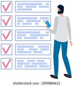 Month scheduling, to do list, time management. Businessman stands near checklist and planning. Plan fulfilled, task completed, timetable on paper sheet. Check list plan, schedule creation concept