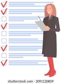 Month scheduling, to do list, time management concept. Woman stands near to do plan and planning schedule. Plan fulfilled, task completed, timetable sheet. Lady works with check list planning