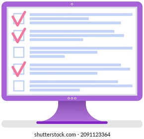 Month scheduling, to do list, time management program. Checklist, to do plan on monitor. Plan fulfilled, task timetable on computer screen. Check list planning, website, app for schedule creation