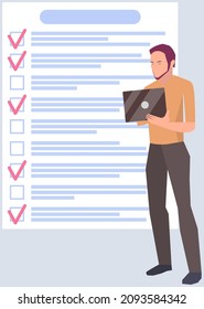 Month scheduling, to do list, time management. Businessman stands near checklist and planning. Plan fulfilled, task completed, timetable on paper sheet. Check list plan, schedule creation concept