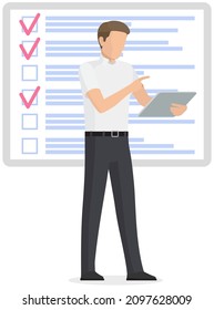 Month scheduling, to do list, time management. Businessman stands near checklist and planning. Plan fulfilled, task completed, timetable on paper sheet. Check list plan, schedule creation concept
