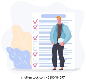 Month scheduling, to do list, time management. Businessman stands near checklist and planning. Plan fulfilled, task completed, timetable on paper sheet. Check list plan, schedule creation concept