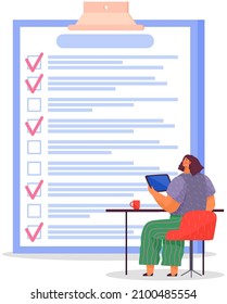 Month scheduling, to do list, time management, checklist. Terrified woman sitting near to do plan and planning. Plan fulfilled, task completed, timetable sheet. Check list planning, schedule concept
