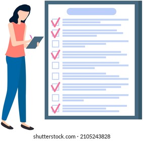 Month scheduling, to do list, time management concept. Woman stands near to do plan and planning schedule. Plan fulfilled, task completed, timetable sheet. Lady works with check list planning