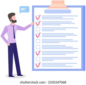 Month scheduling, to do list, time management. Businessman stands near checklist and planning. Plan fulfilled, task completed, timetable on paper sheet. Check list plan, schedule creation concept