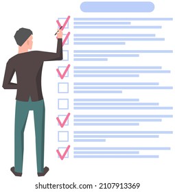 Month scheduling, to do list, time management. Businessman stands near checklist and planning. Plan fulfilled, task completed, timetable on paper sheet. Check list plan, schedule creation concept