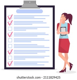Month scheduling, to do list, time management concept. Woman stands near to do plan and planning schedule. Plan fulfilled, task completed, timetable sheet. Lady works with check list planning