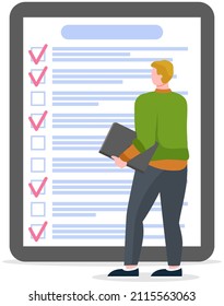 Month scheduling, to do list, time management. Businessman stands near checklist and planning. Plan fulfilled, task completed, timetable on paper sheet. Check list plan, schedule creation concept