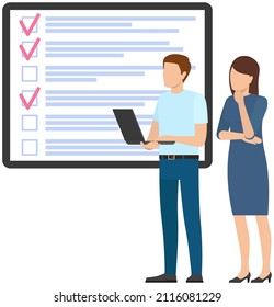 Month scheduling, to do list, time management concept. Man and woman stand near to do list and discuss schedule. Plan fulfilled, task completed, timetable sheet. People work with check list planning
