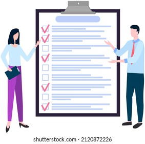 Month scheduling, to do list, time management concept. Man and woman stand near to do list and discuss schedule. Plan fulfilled, task completed, timetable sheet. People work with check list planning