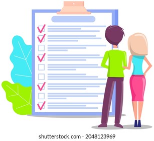 Month scheduling, to do plan, time management concept. Couple makes to do list, plans daily timetable. People discuss schedule, checklist on clipboard. Man and woman work with check list, schedule