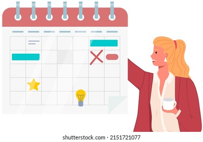 Month scheduling, to do plan, time management, checklist. Businesswoman stands near to do list and planning. Plan fulfilled, task completed, timetable sheet. Check list planning, schedule concept