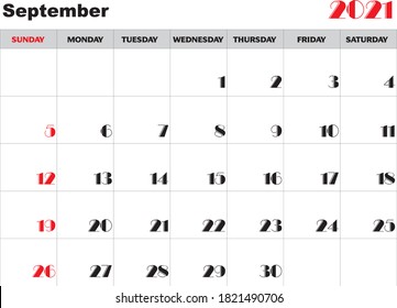 Month September 2021 Calendar Vector