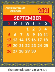 Month of September 2021 modern Calendar, Print Template with colorful, 
Your Logo and Text. Week Starts Sunday. Portrait Orientation. Planner for 2021 Year, Wall Monthly Calendar template.