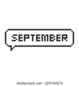 Month of September pixel art lettering in speech bubble on white background.