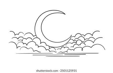 Month in the sky continuous line art drawing isolated on white background. Vector illustration